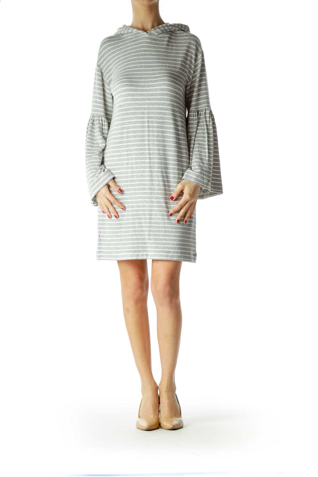 Gray White Striped Jersey-Knit Dress with Hood