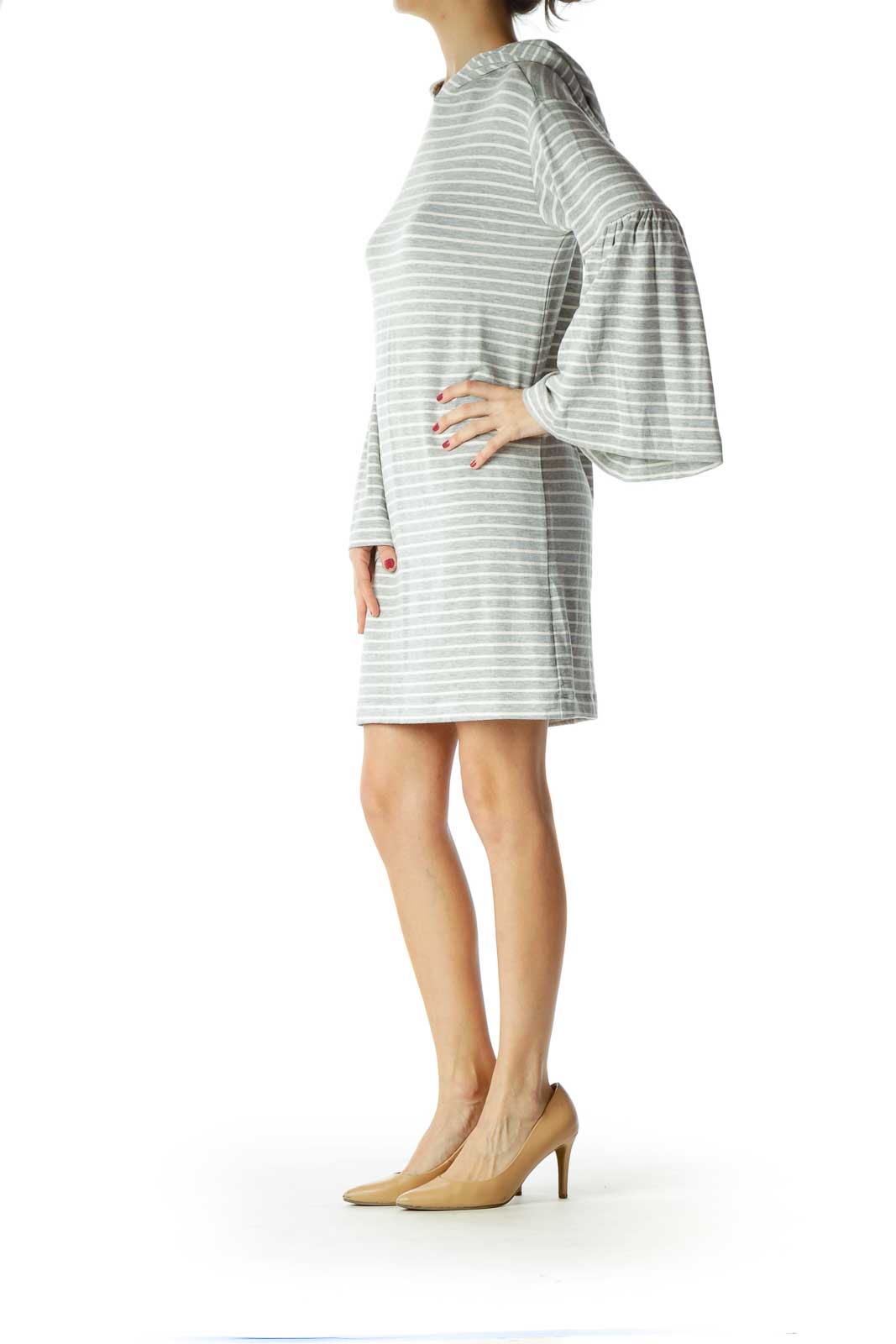 Gray White Striped Jersey-Knit Dress with Hood