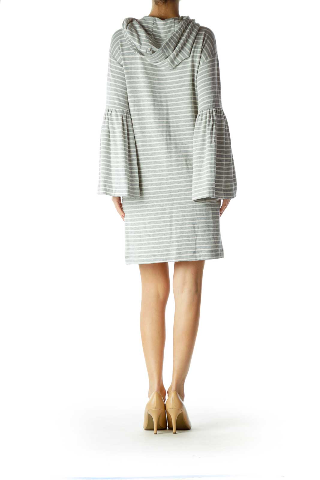 Gray White Striped Jersey-Knit Dress with Hood