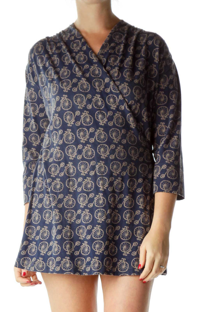 Blue Bicycle Print Wrap Dress