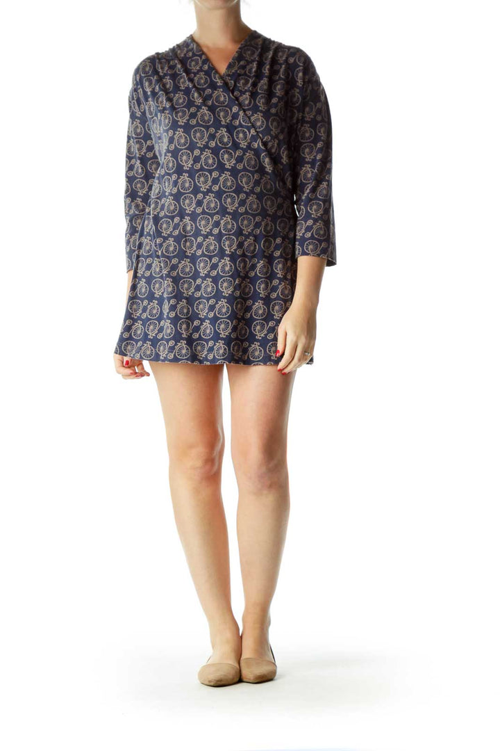 Blue Bicycle Print Wrap Dress