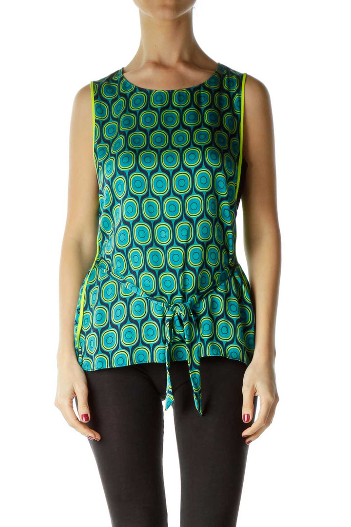 Green Yellow Circle Print Silk Blouse