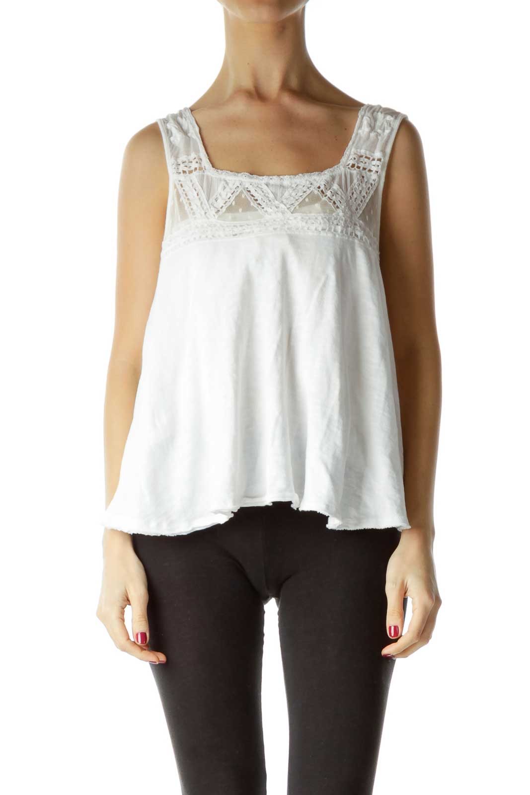 Front view of white lace-trimmed sleeveless top by Free People