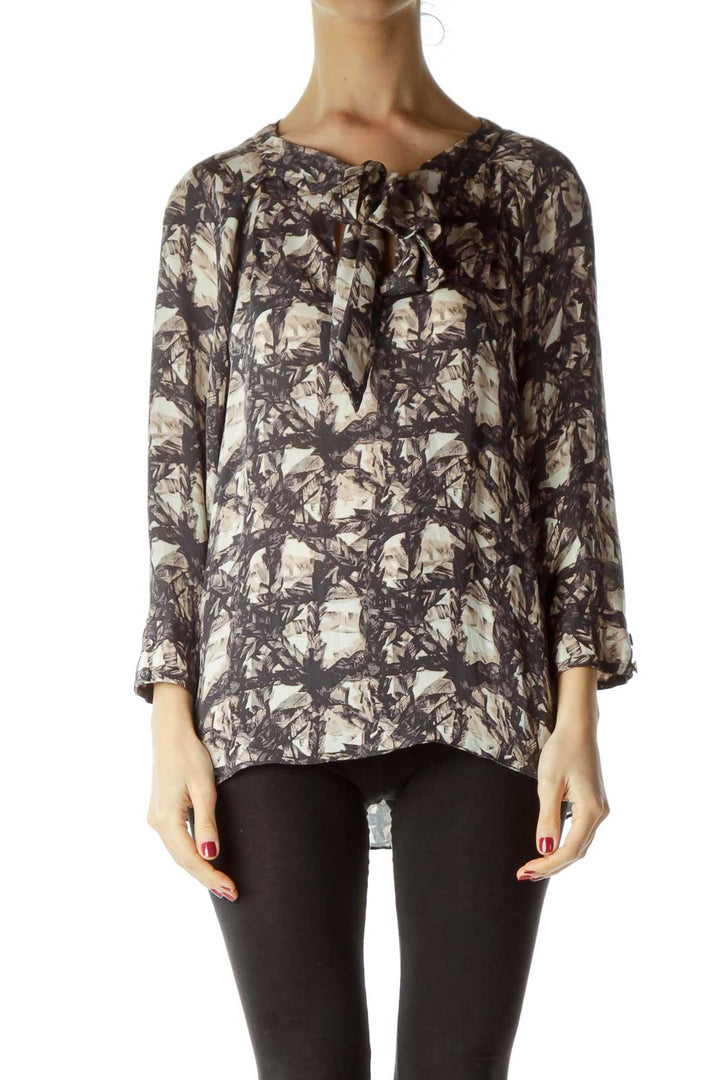 Gray Beige Print Bow Detail Silk Blouse