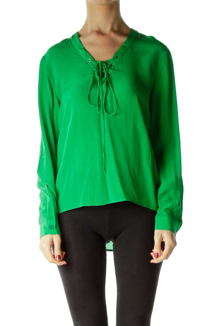 Green Tie Front Silk Blouse