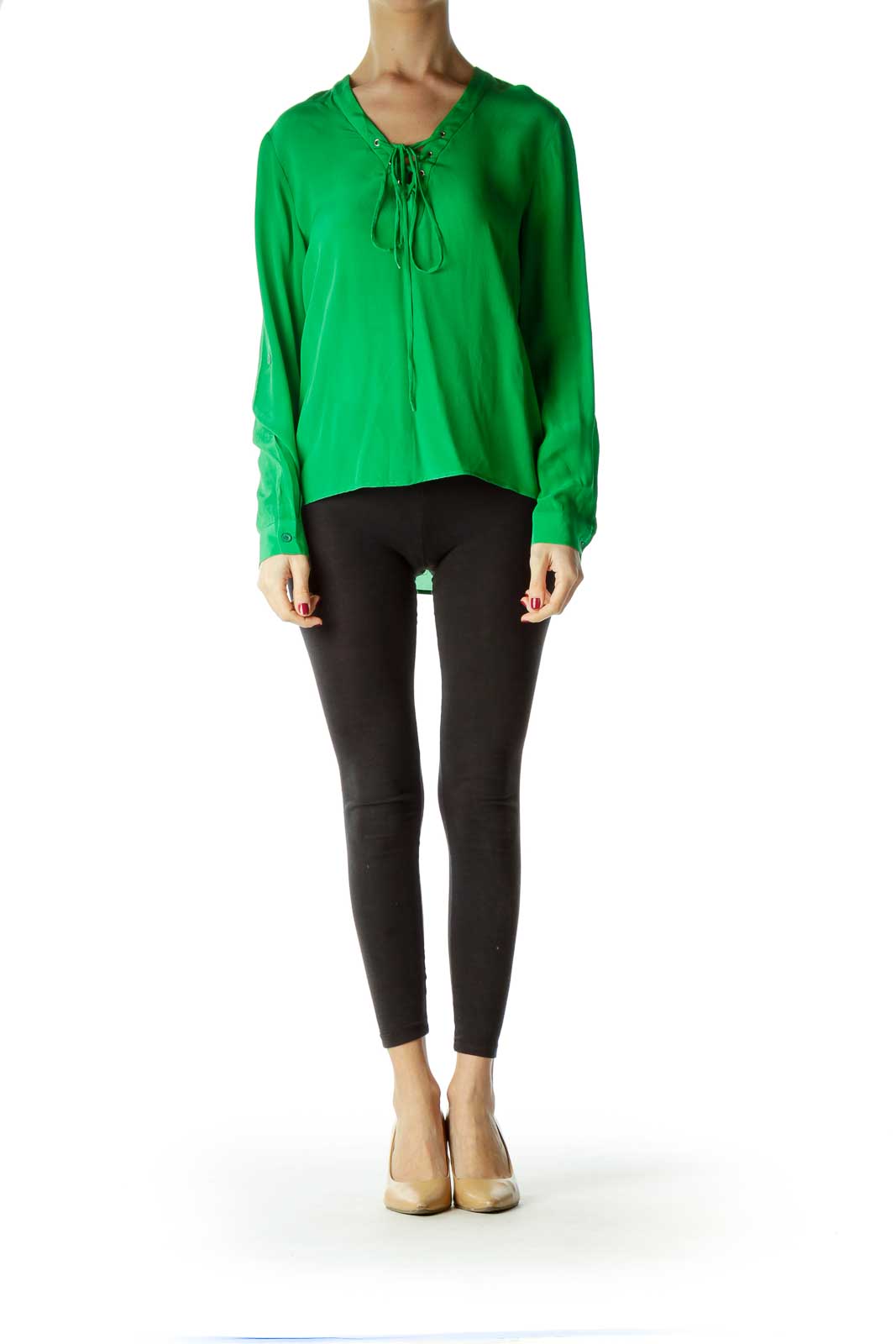 Green Tie Front Silk Blouse