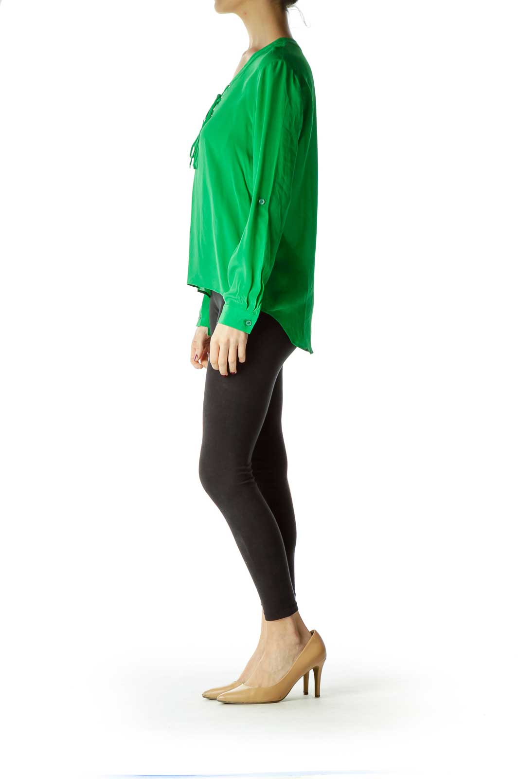 Green Tie Front Silk Blouse