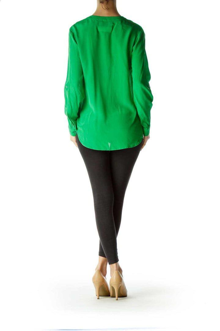 Green Tie Front Silk Blouse