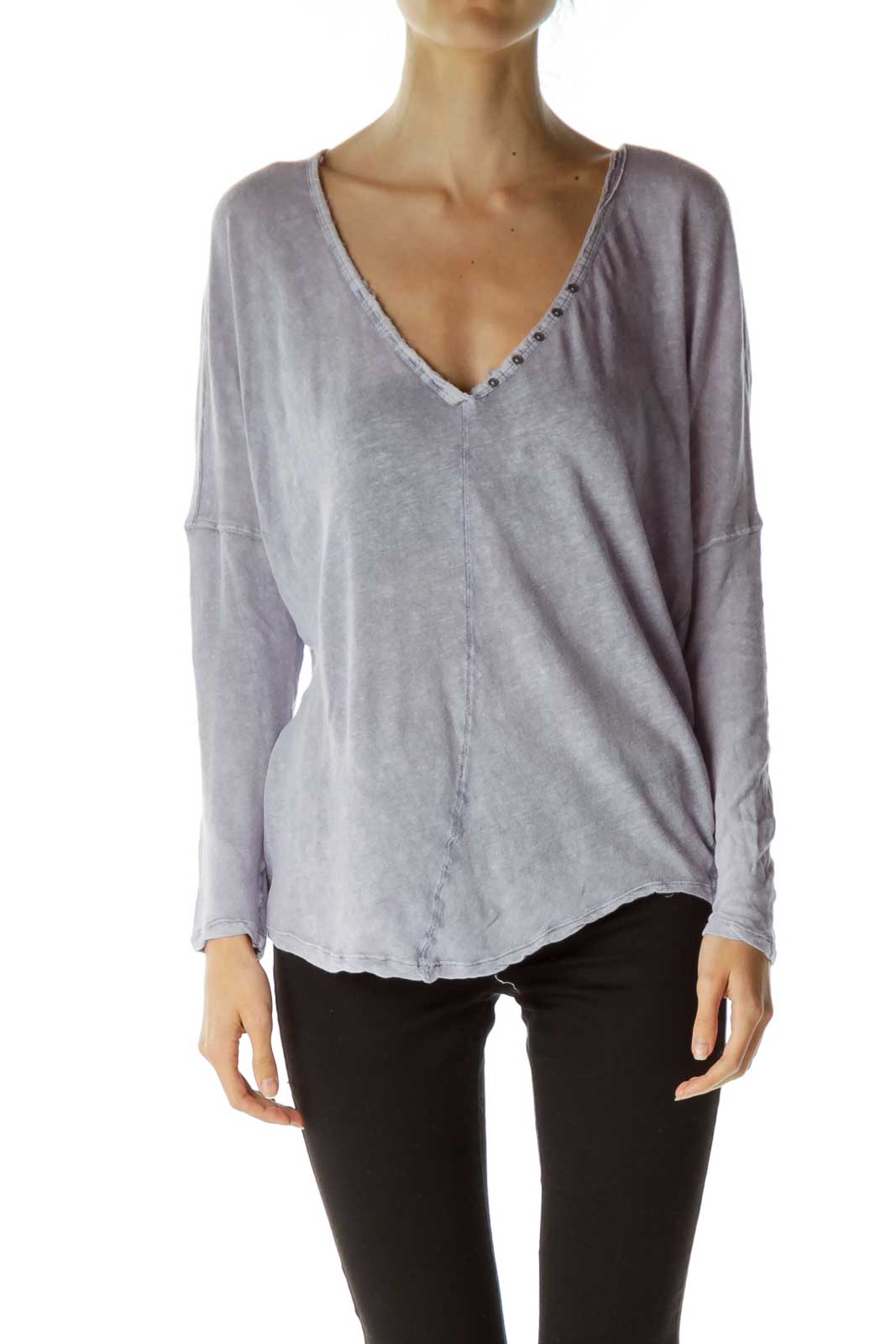 Front view of lavender Free People V-neck oversized long sleeve top