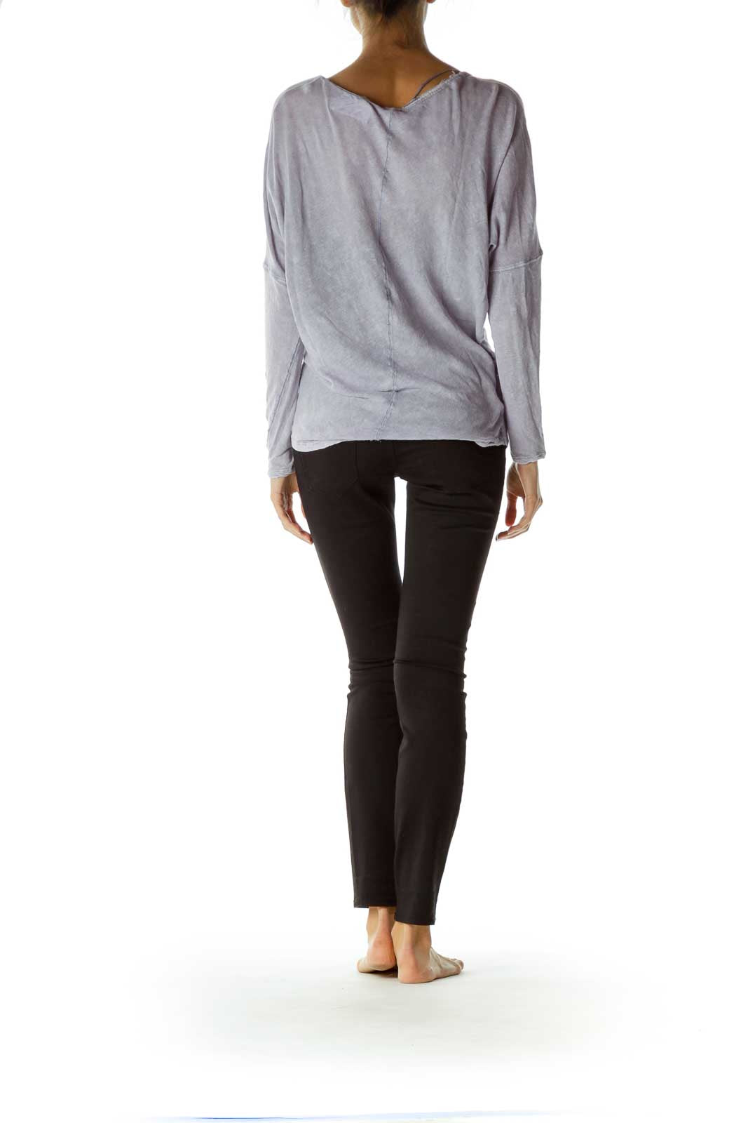 Back view of lavender Free People V-neck oversized long sleeve top