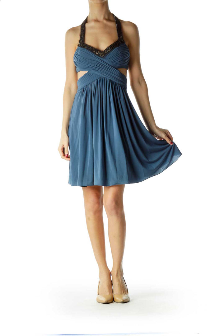 Blue Scrunched Cut-Out Halter Cocktail Dress