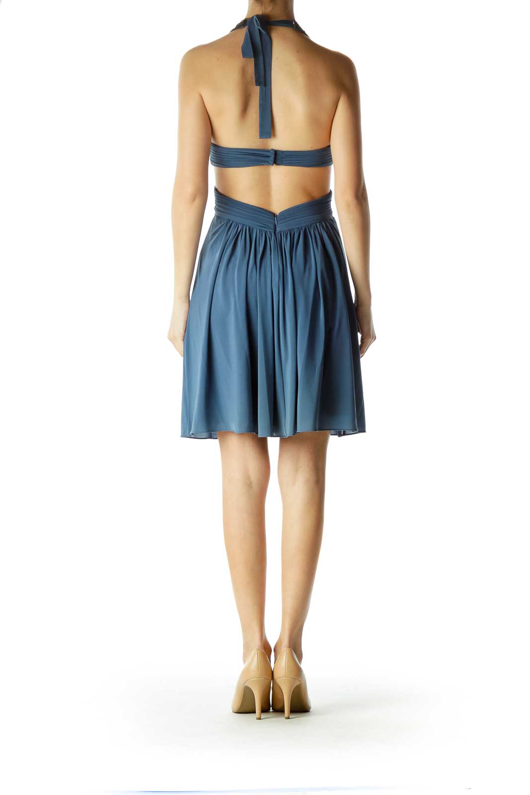 Blue Scrunched Cut-Out Halter Cocktail Dress