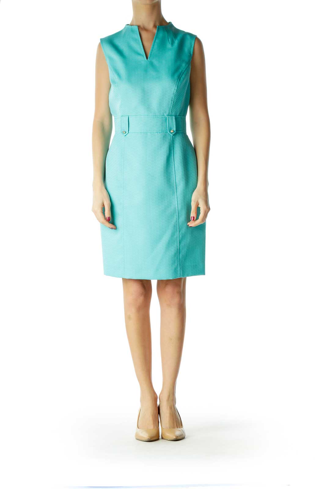 Blue V-Neck Belted Work Dress