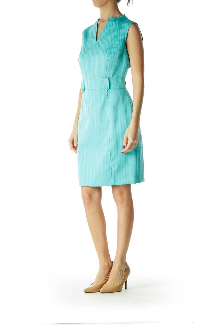 Blue V-Neck Belted Work Dress