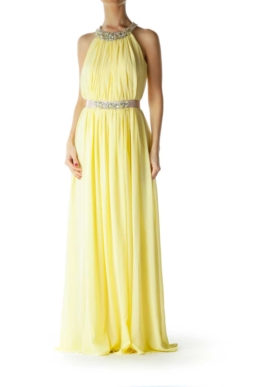 Yellow Beige Beaded Evening Dress