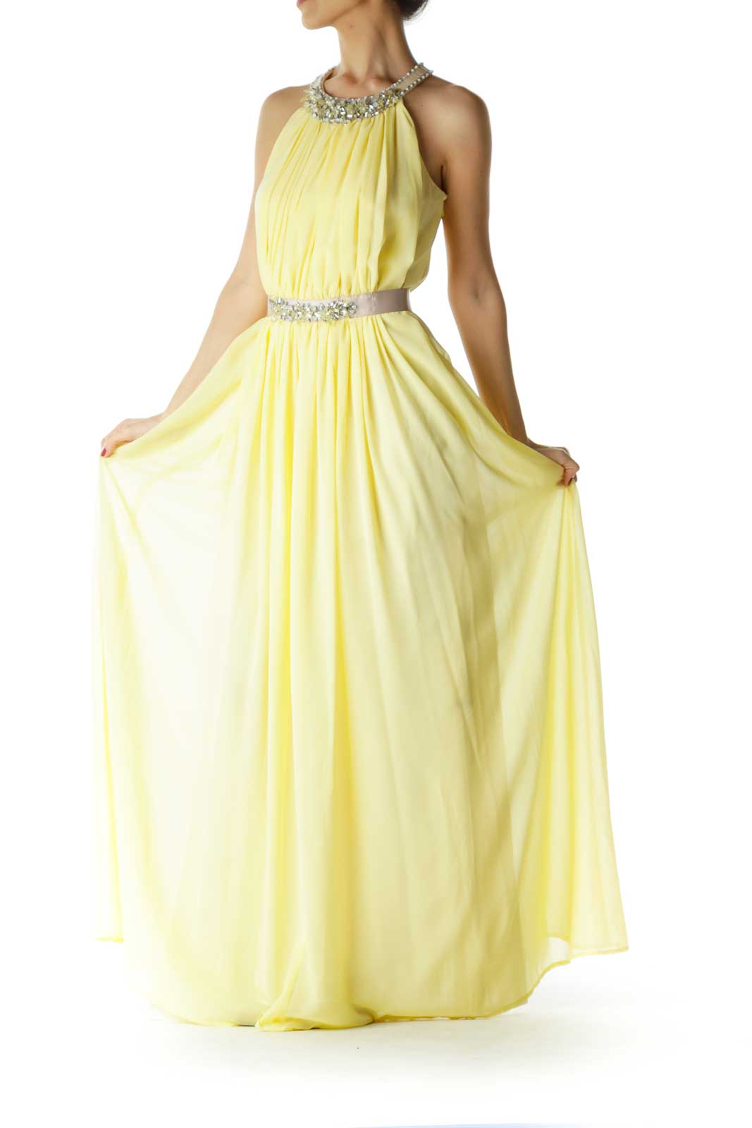 Yellow Beige Beaded Evening Dress