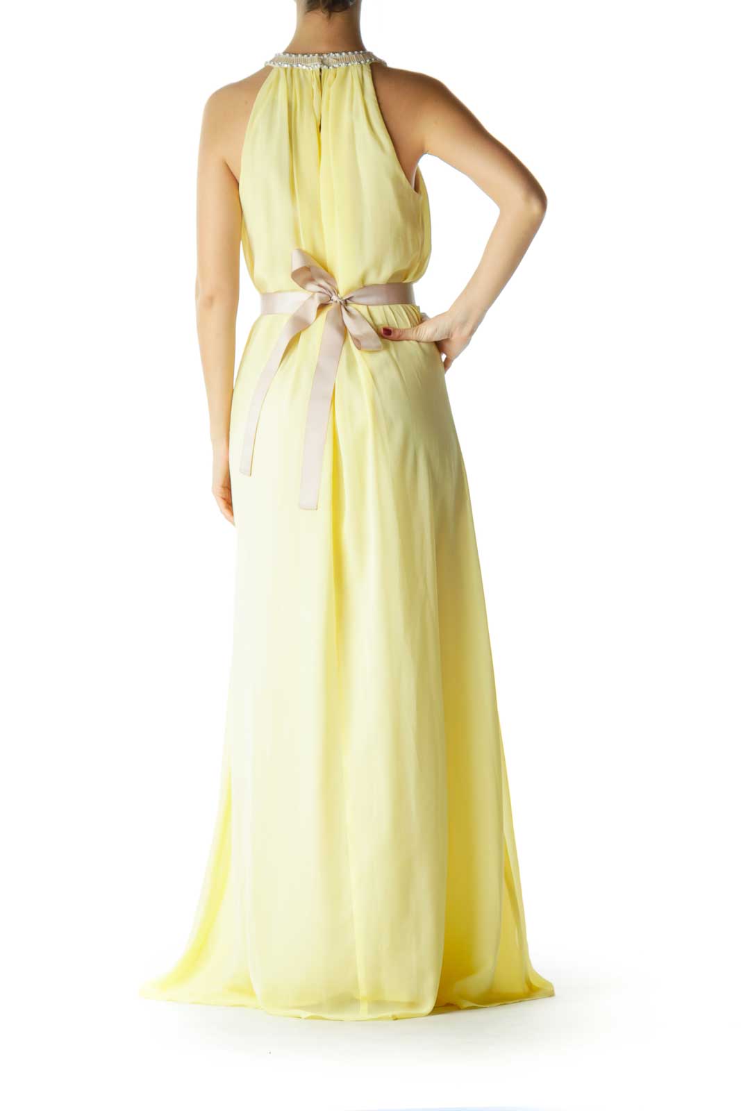 Yellow Beige Beaded Evening Dress