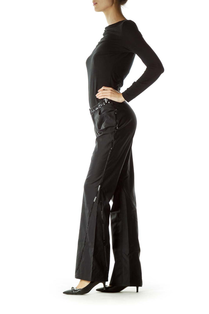 Black Sequin Detail Wide Leg Pants