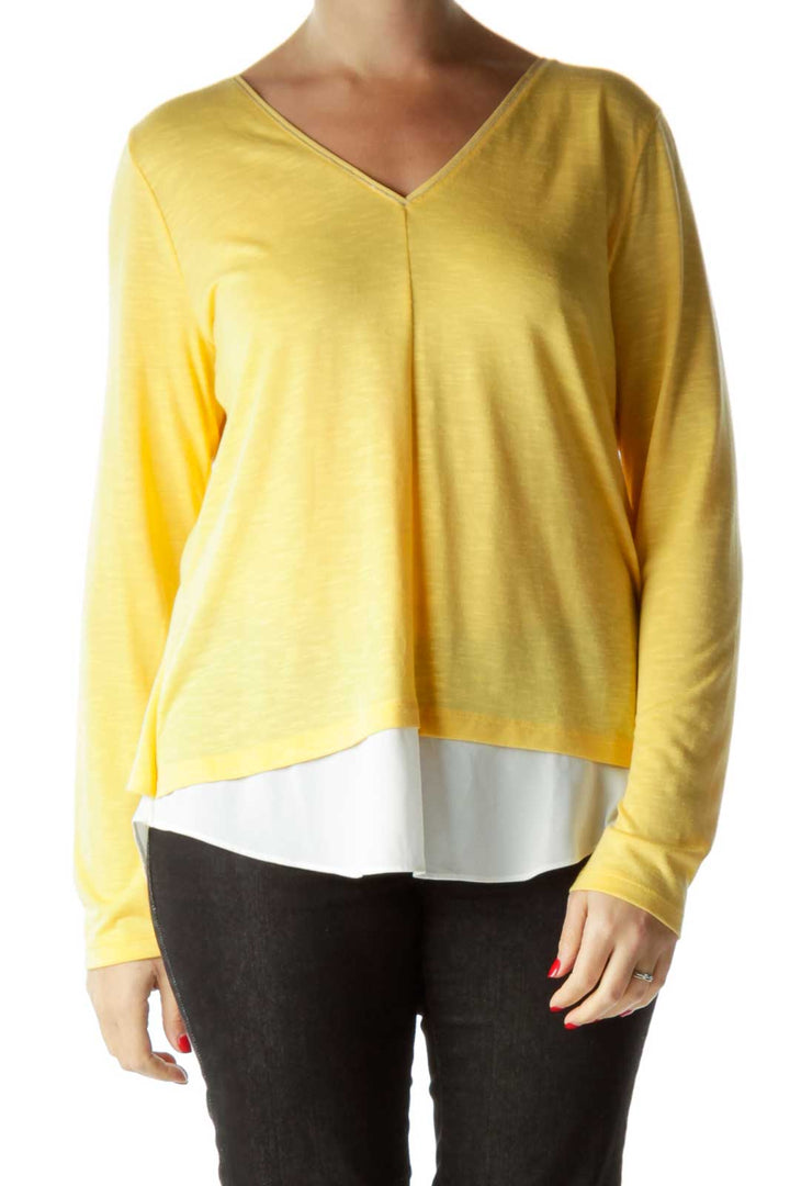 Yellow White Metallic Detail V-Neck Blouse