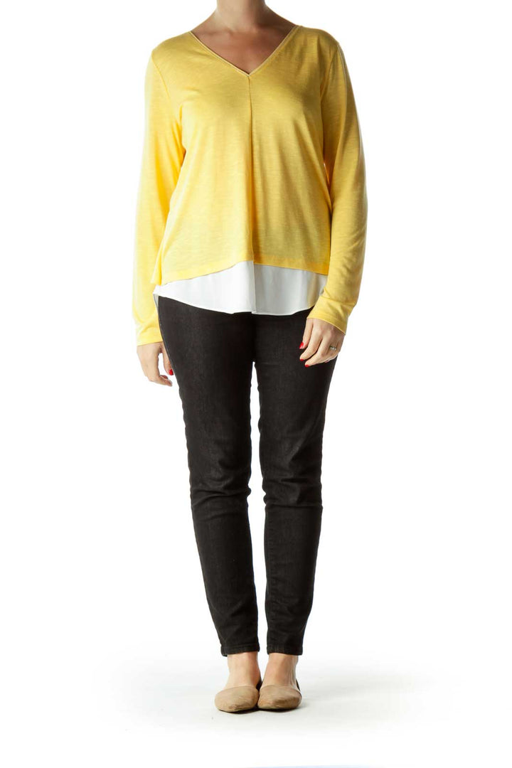 Yellow White Metallic Detail V-Neck Blouse