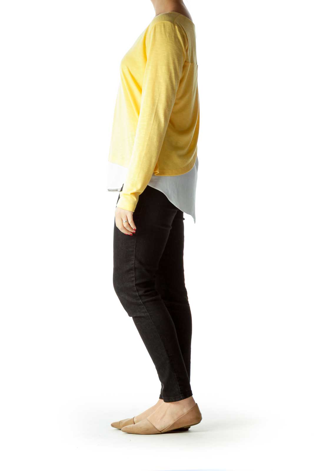 Yellow White Metallic Detail V-Neck Blouse