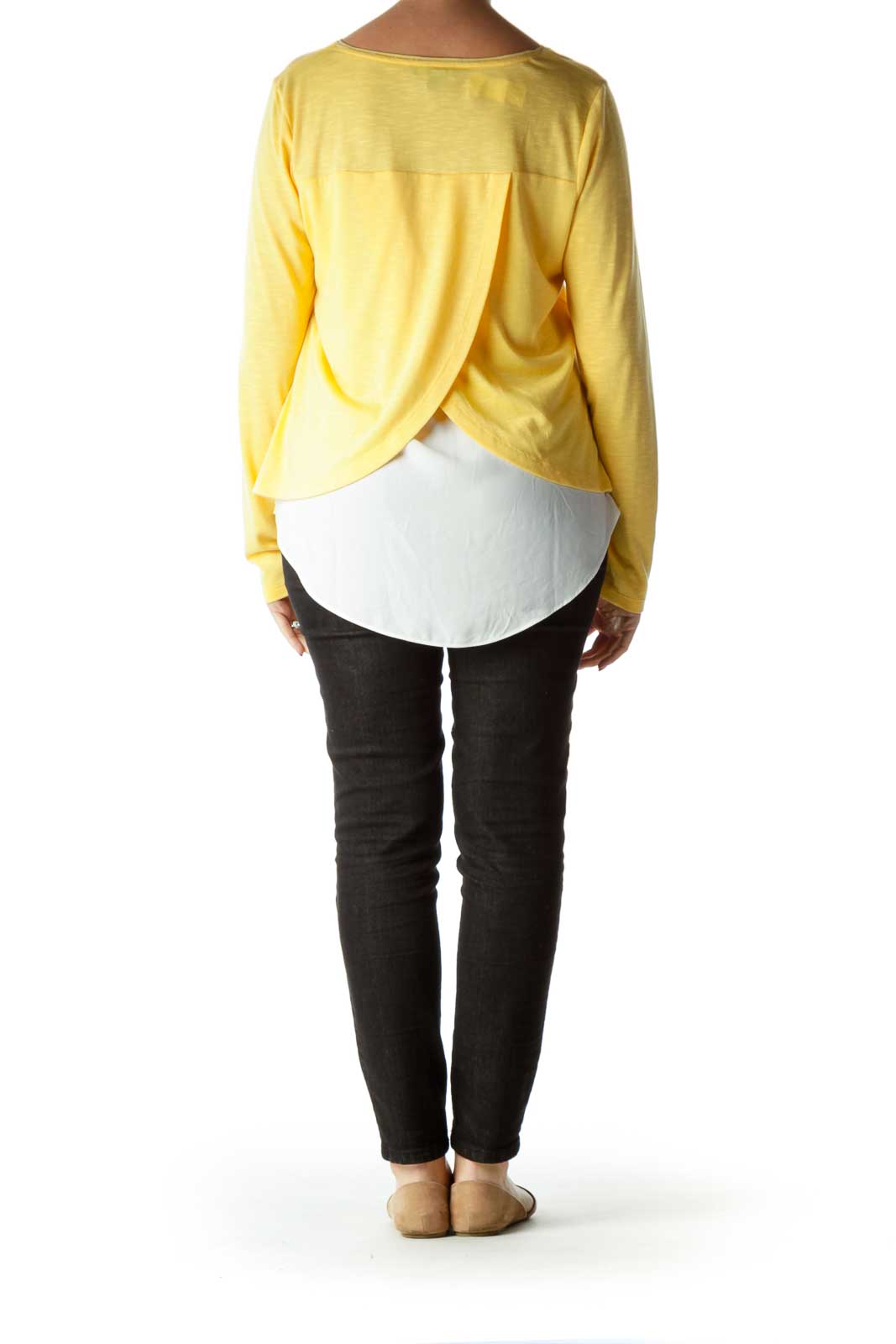 Yellow White Metallic Detail V-Neck Blouse