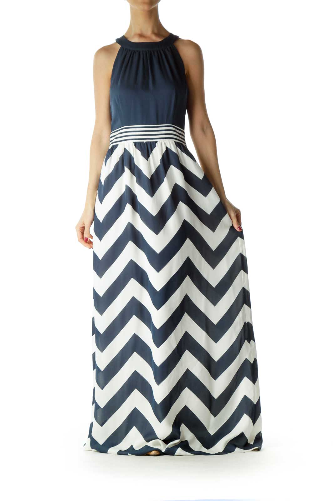 Navy Cream Chevron Print Maxi Dress