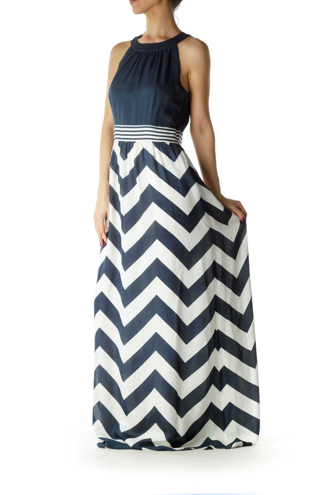 Navy Cream Chevron Print Maxi Dress