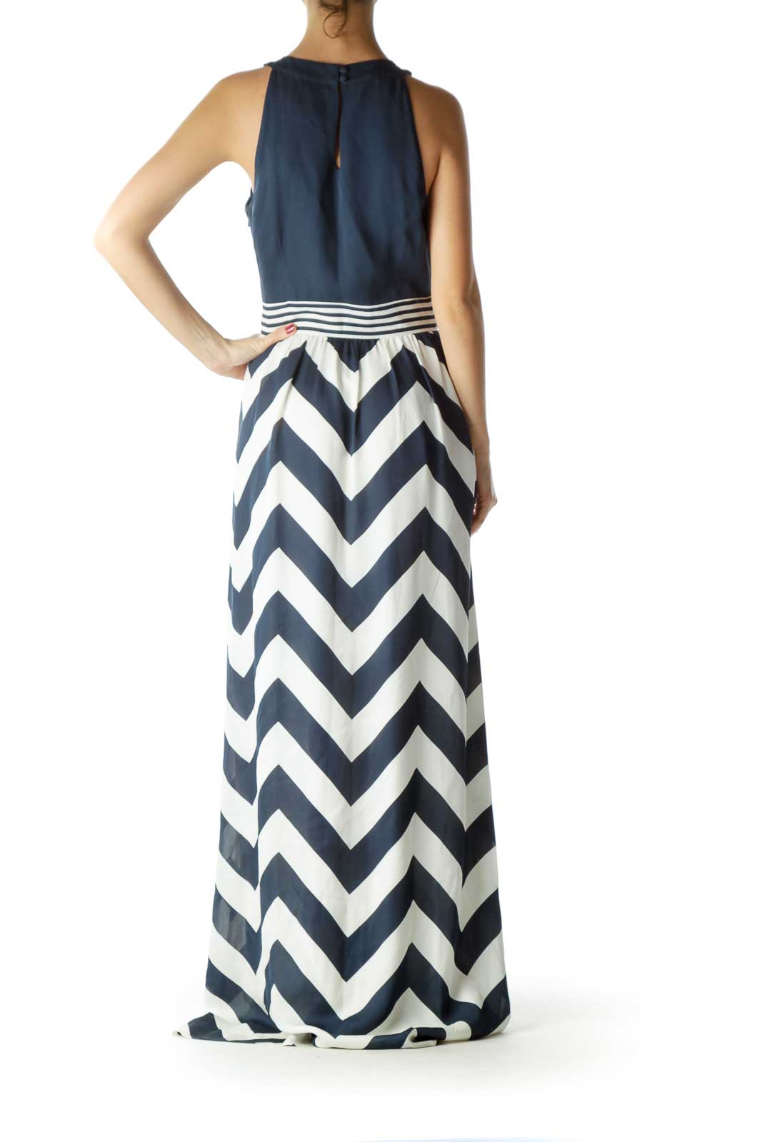 Navy Cream Chevron Print Maxi Dress