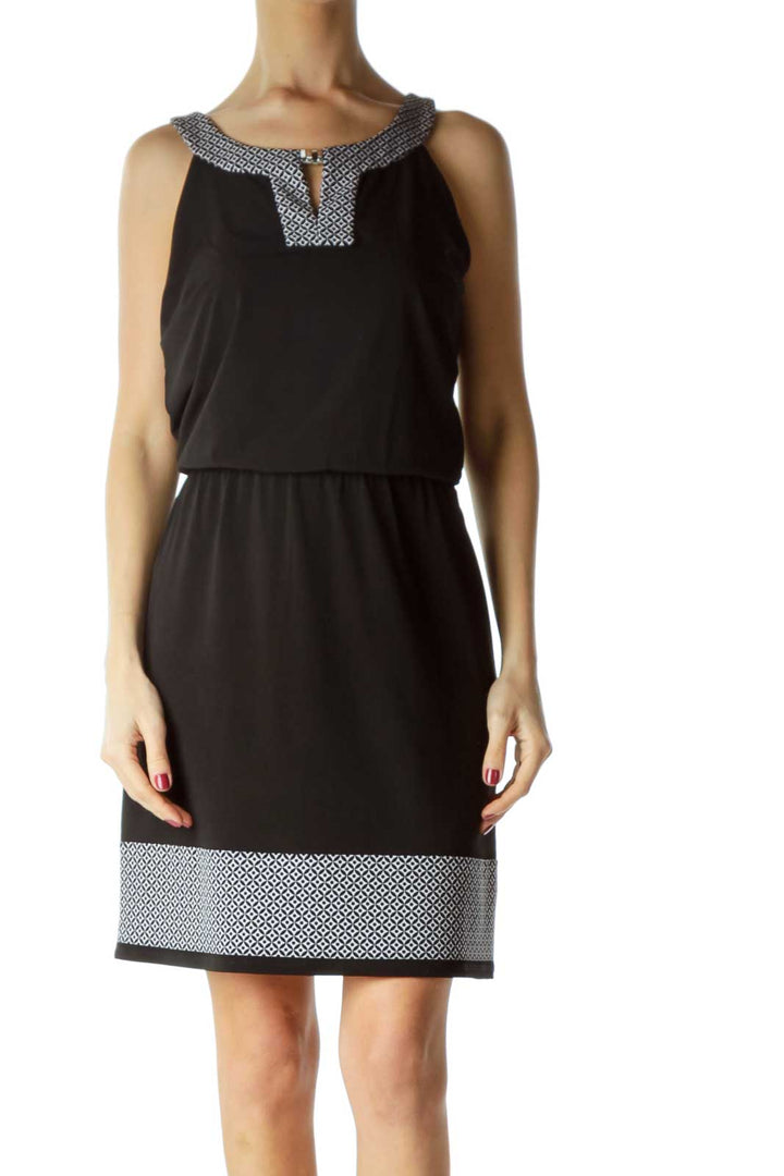 Black White Print Trim Empire Waist Dress