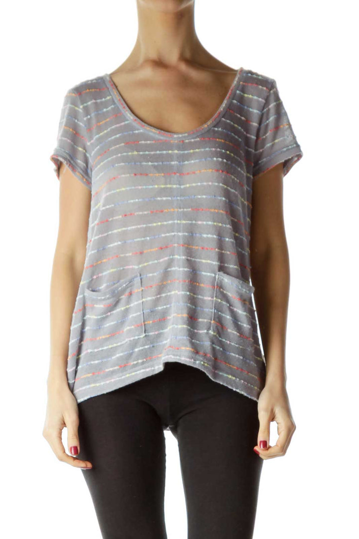 Gray Round Neck Short Sleeve Striped Top