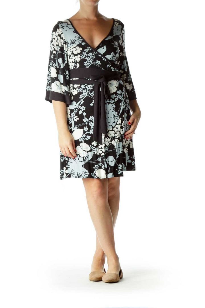 Black Blue Floral Bell Sleeve Wrap Dress