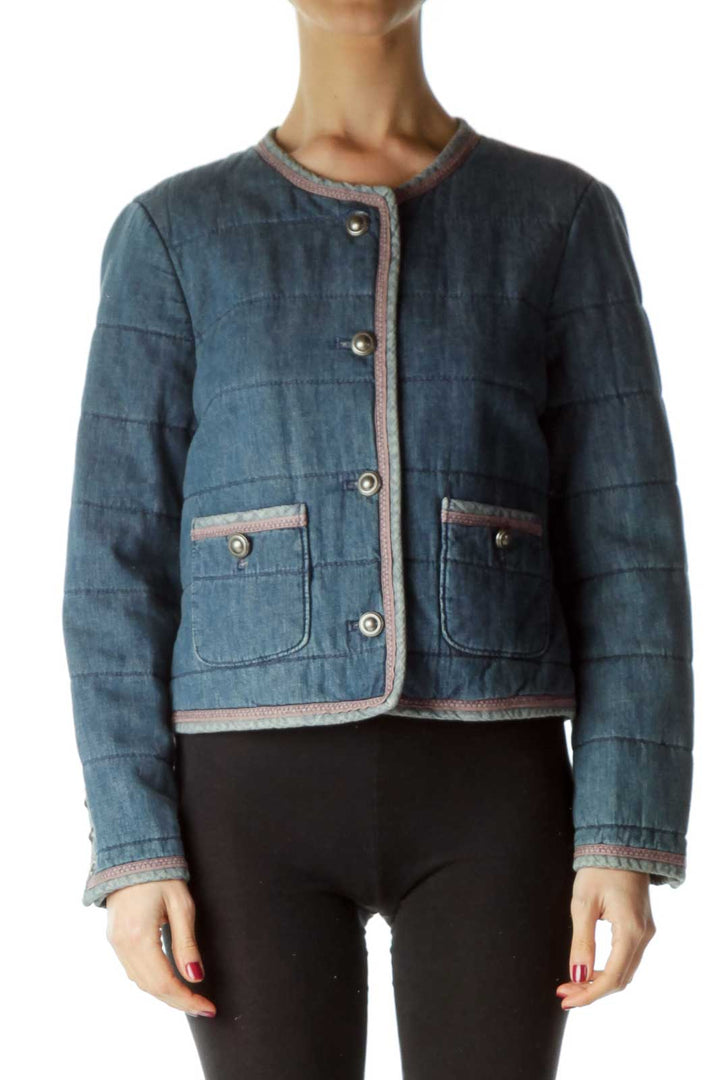 Blue Denim Pocketed Jacket with Pink Trim