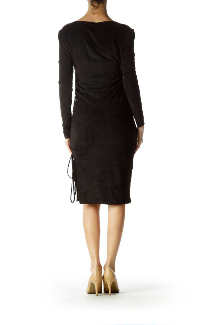 Black Faux-Suede Long Sleeve Dress with Zipper