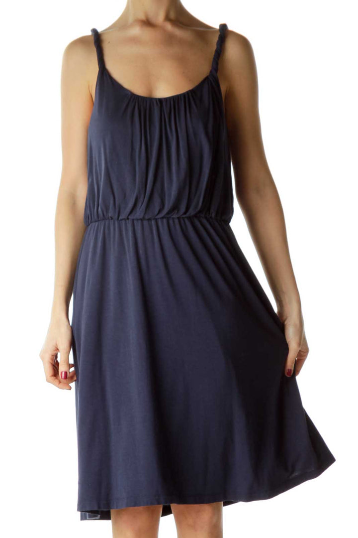 Navy Round Neck Cinched Waist Jersey Dress