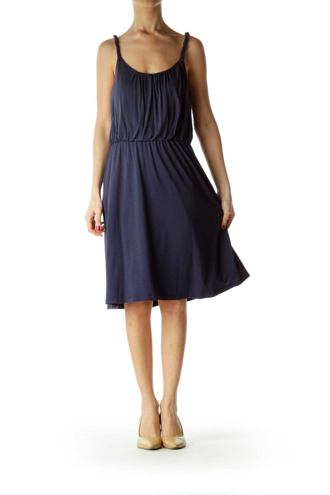 Navy Round Neck Cinched Waist Jersey Dress