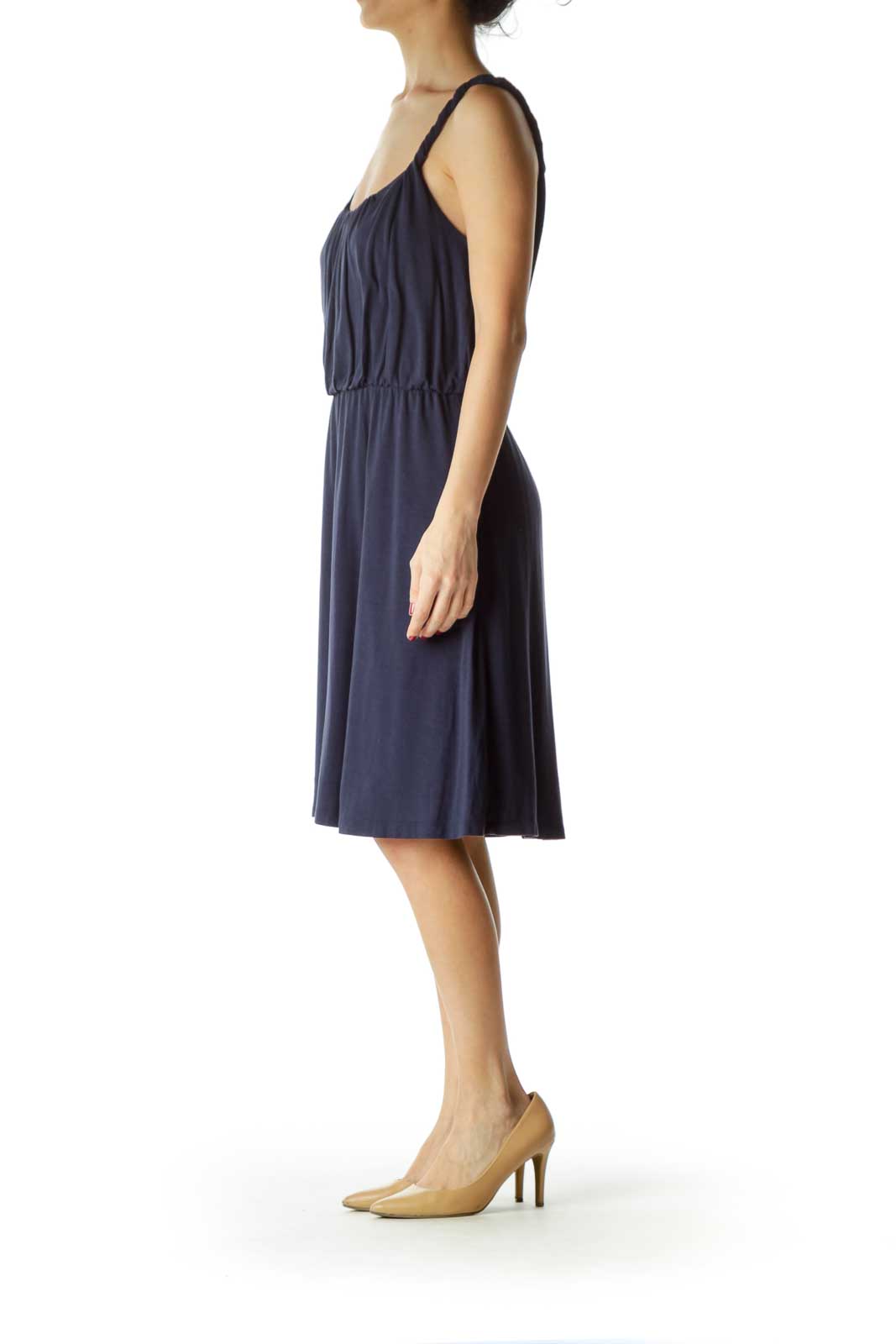 Navy Round Neck Cinched Waist Jersey Dress