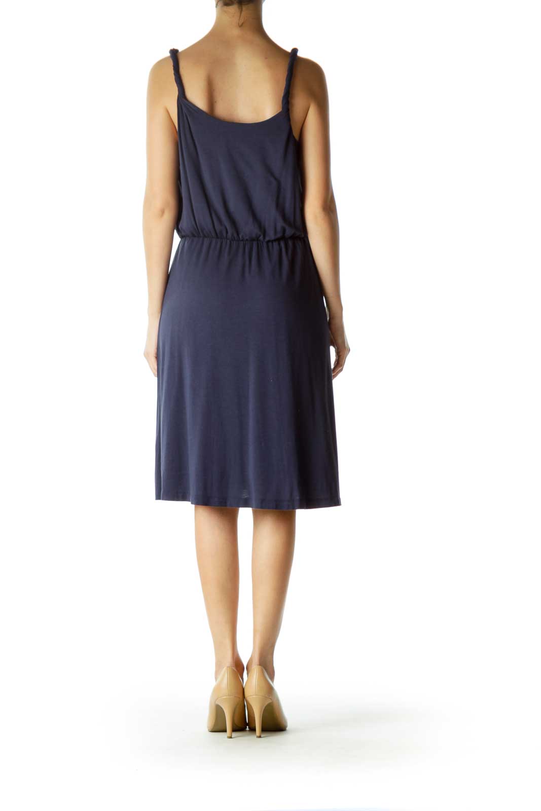 Navy Round Neck Cinched Waist Jersey Dress