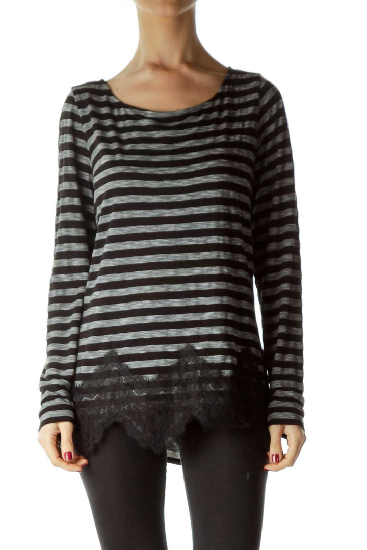 Gray Striped Jersey Knit Top with Lace