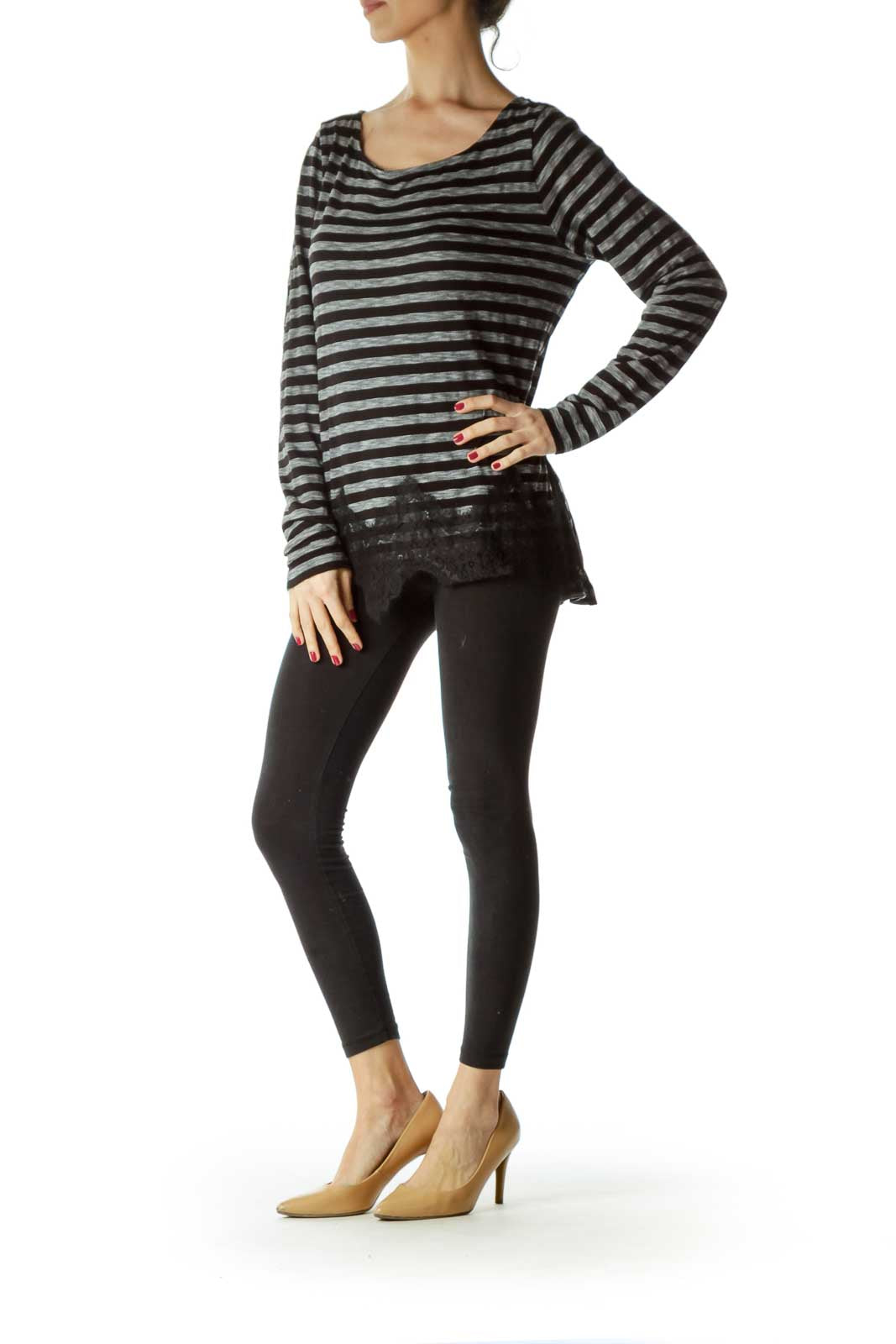 Gray Striped Jersey Knit Top with Lace