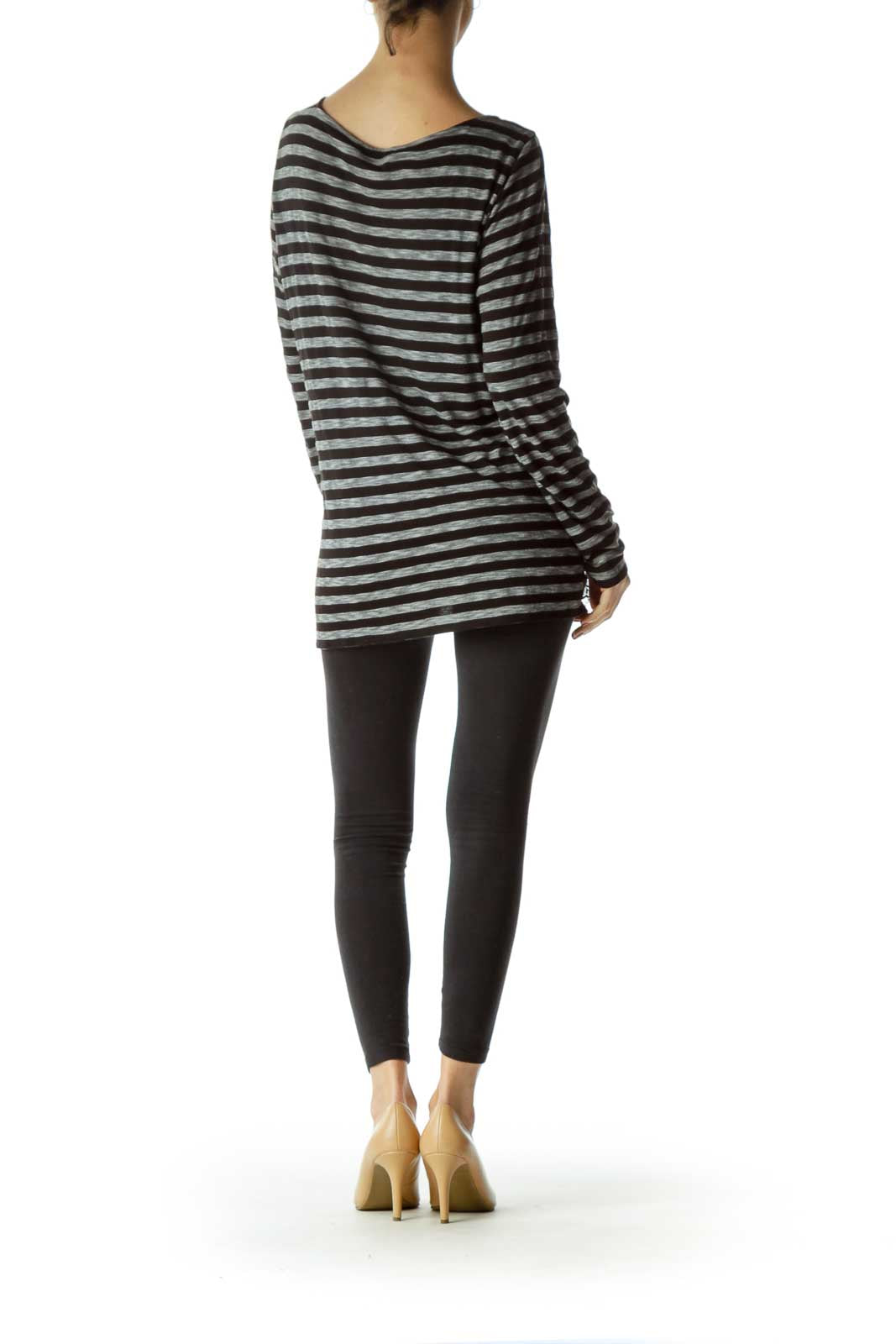 Gray Striped Jersey Knit Top with Lace