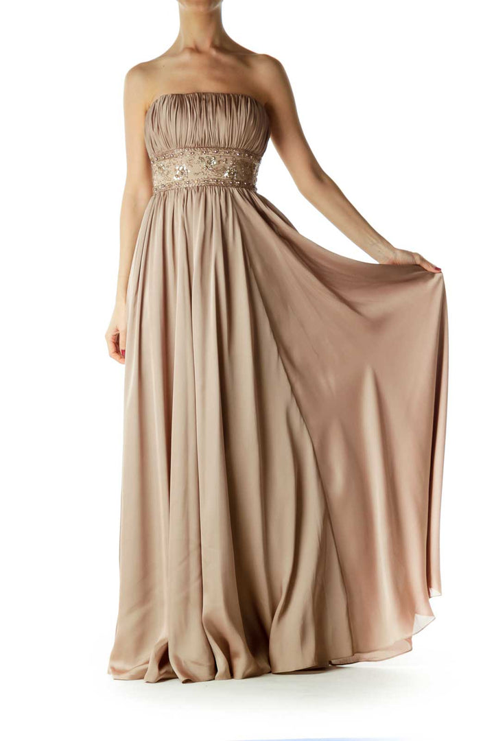 Gold Beaded Strapless Evening Dress