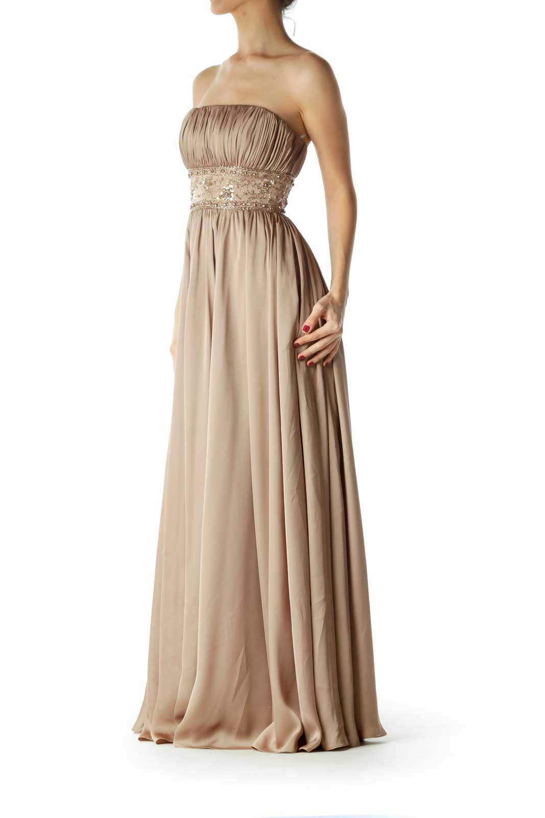 Gold Beaded Strapless Evening Dress