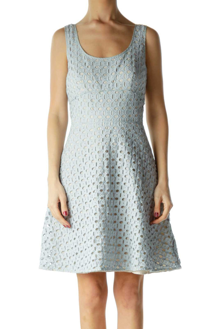 Blue Beige Eyelet Empire Waist Day Dress