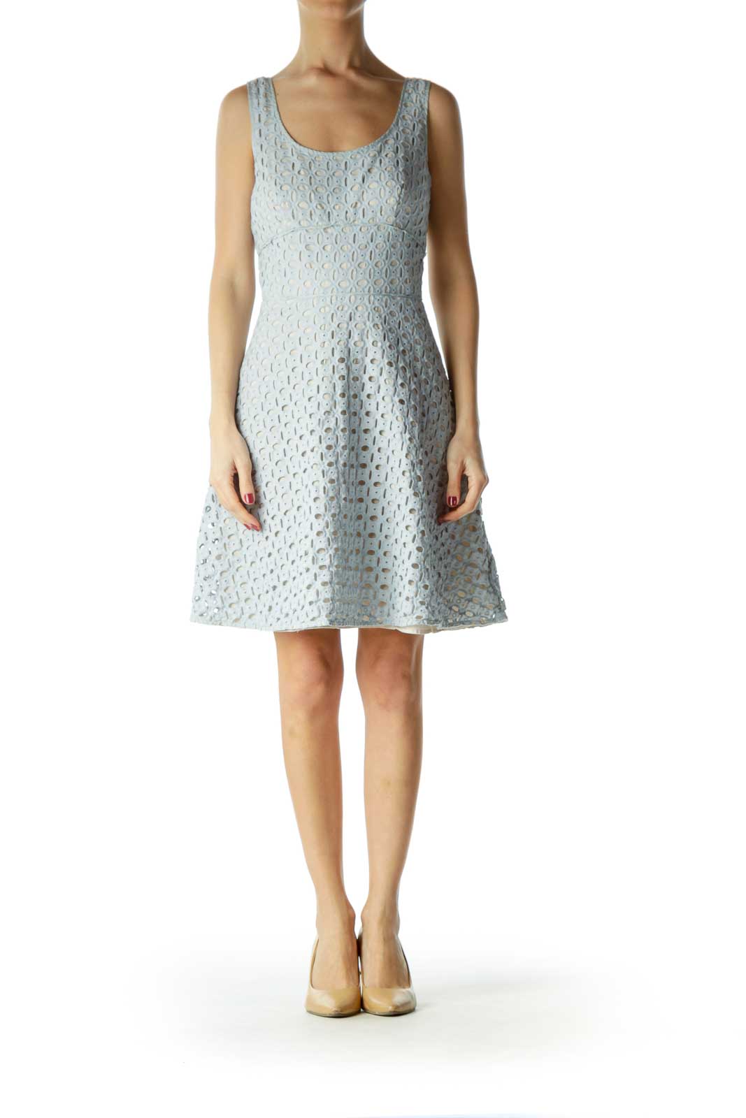 Blue Beige Eyelet Empire Waist Day Dress