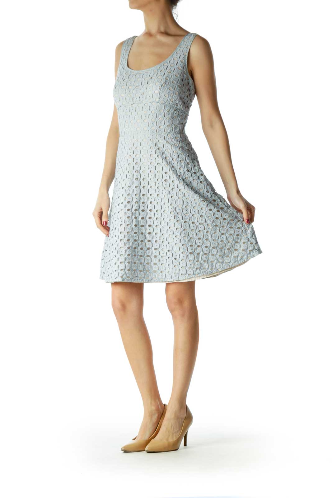 Blue Beige Eyelet Empire Waist Day Dress