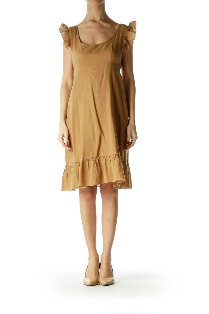 Brown Ruffled Cap Sleeve Day Dress