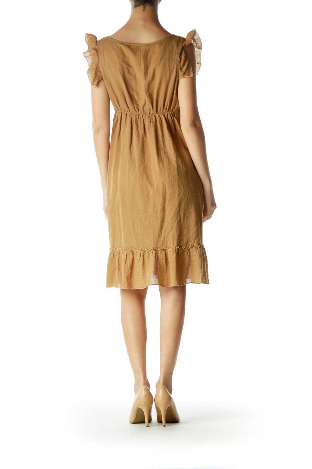 Brown Ruffled Cap Sleeve Day Dress