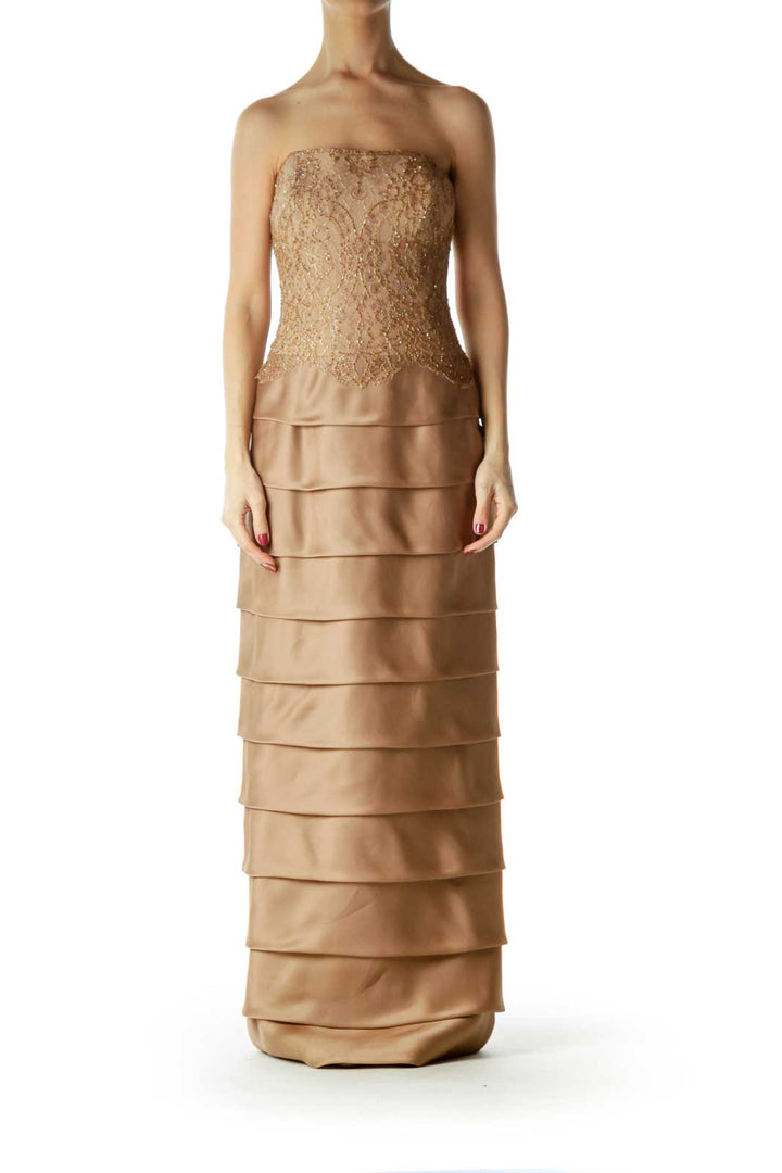 Brown Gold Lace Beaded Silk Evening Dress