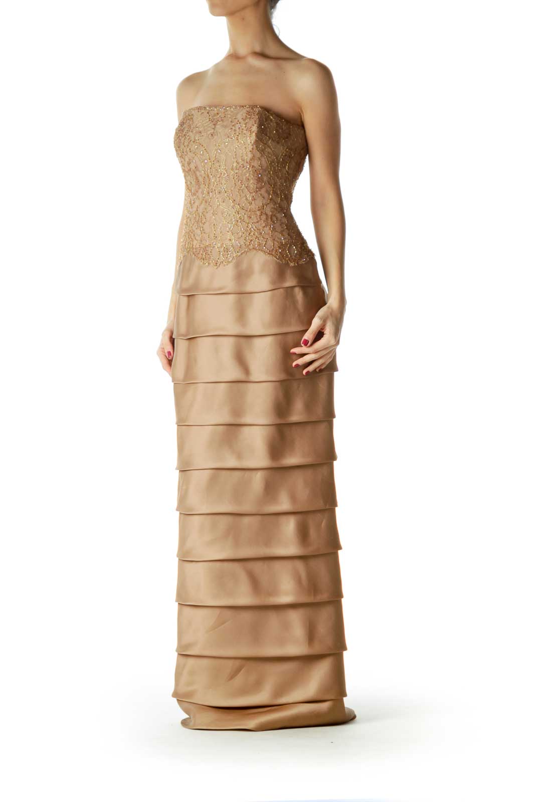 Brown Gold Lace Beaded Silk Evening Dress